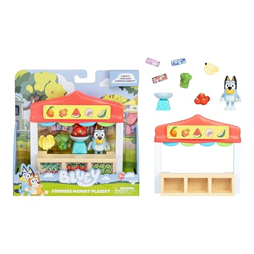Mini sets de jeu Bluey . Set de jeu Bluey Le stand de marché . Inclus : figurine Bluey articulée, sac de courses, accessoires et billets