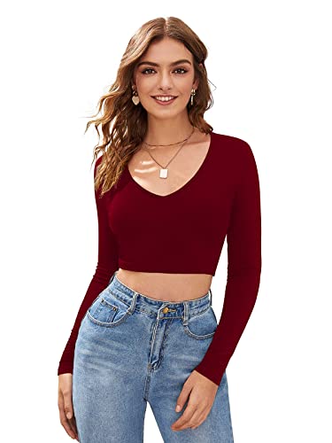 Image of LONDON BELLY Women's Polyester Crop Top with V Neck Full Sleeves Solid Pattern Regular Fit and Crop Length | Crop Tops for Woman | Women Chic Everyday Wear Top