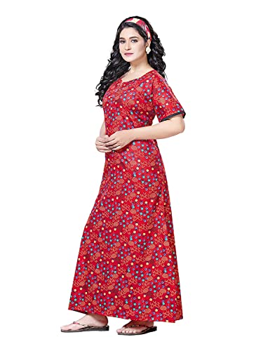 Image of PNAEONG Women's Printed Cotton Nighty, Gown Maxi - Free Size Red