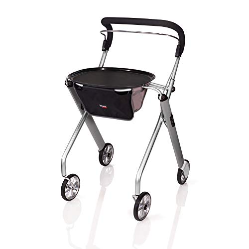 Stander Letâ€™s Go Indoor Rollator, Lightweight Four Wheel Euro Style Walker with Tray, Folding Mobility Aid for Seniors by Trust Care, Silver