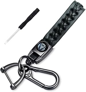 ميدالية وسلسلة مفاتيح سيارة من الجلد وحلقات معدن مناسبة لمفاتيح السيارة والدراجات النارية ومفاتيح العائلة - لوجو اسد اسود - من كابر تريد