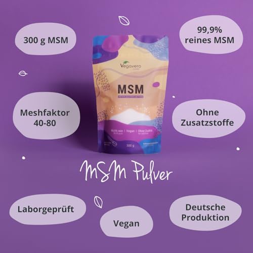 Vegavero MSM Pulver hochdosiert 300g – Nachfüllbeutel fein kristallines Methylsulfonylmethan Pulver - reiner organischer Schwefel - ohne Zusatzstoffe - Laborgeprüft & vegan