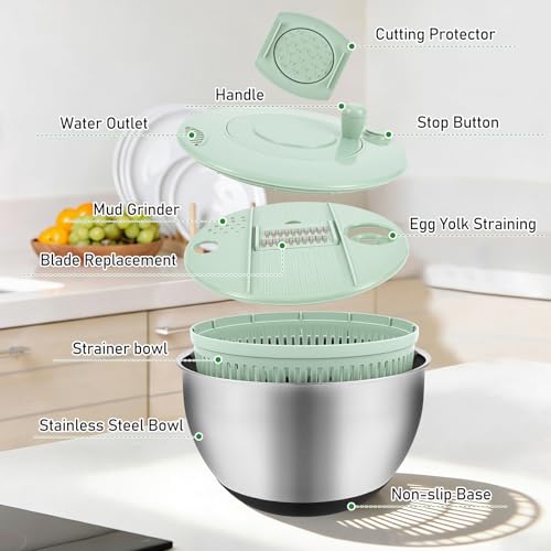 Stainless Steel Salad Spinner, 3 in 1 Multi Use 4.2 QT Lettuce Spinner Vegetable Dryer, Kitchen Drain Bowl with 5 Interchangeable Blades, Non-Slip Base Button for Fruit Veggie Prep by ZLHETWT - Image 6