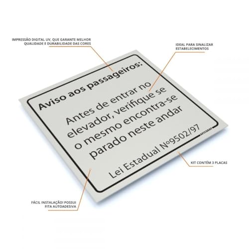 Placas de Sinalização Aviso para Elevador Lei SP - Kit com 3 unidades em Alumínio 15x15cm - Afixgraf