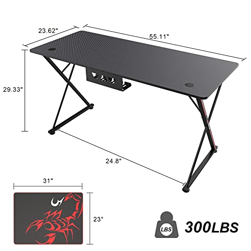 Ee Eureka Ergonomic 55 Inch Gaming Desk,Gaming Computer Desk X Shaped, Pc Gaming Table Carbon Fiber Surface With Large Mouse Pad, Controller Race, Headphone Hook, Cup Holder, Socket Holder,Black #TOP2
