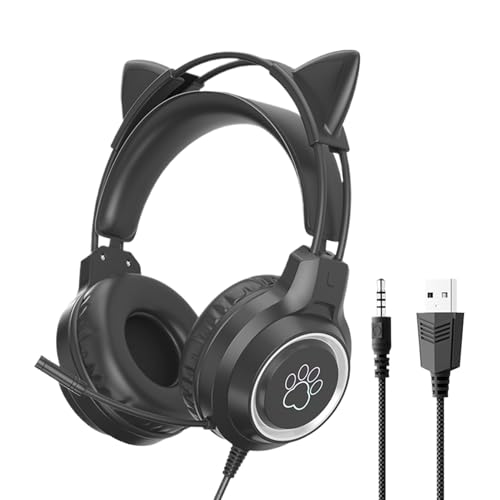 Auriculares de PC con cable, orejeras de gato ergonómicas iluminadas, auriculares con cable para juegos de PC, para llamadas telefónicas, estudiar, videos, ver el hogar, apartamento, niñas y mujeres