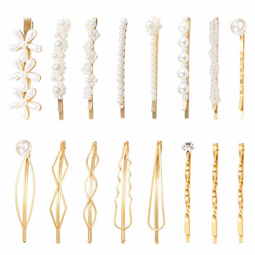 SHEHARUHI Hair Pins, 16pcs Vintage Pearl Hair Bobby Pins Metallic Flower Barrettes Combination Hair Clips for Women Girls, Minimalist Hair Decorative Wedding Dainty Accessories