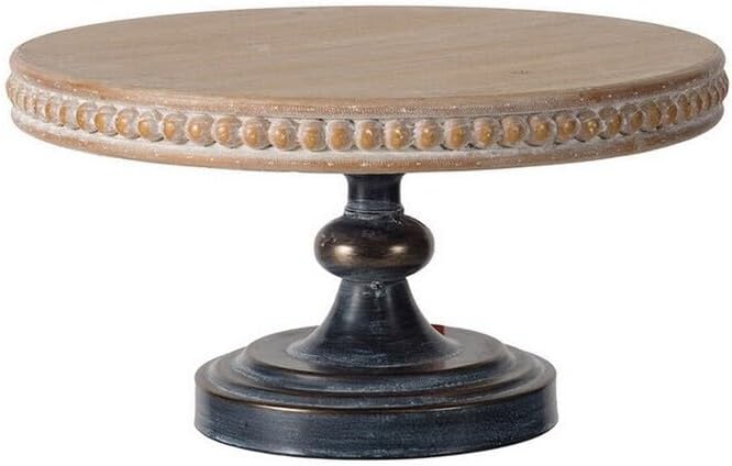 HomeStock Earthy Elegance 14 Inch Round Decorative Tray Black Iron Pedestal Base Wood Top 14 x 14 x 7.3 Inches Lightweight with Beaded Trimmed Border Design