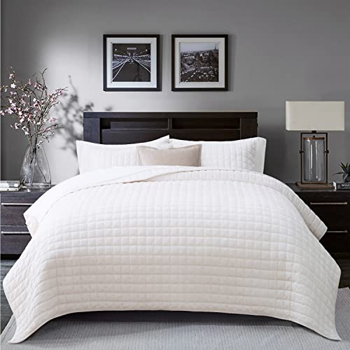 Recyco Luxury Velvet Quilt Set King Size, Lightweight Velvet Comforter Set, Oversized Bedspread Coverlet Quilted Bedding Set, With 2 Matching Pillow Shams, For All Season, Cream White #TOP4