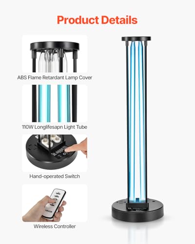 Image of VEVOR UV Light, 110W Ultraviolet Lamp with Ozone Purifier, UVC Lamp with 30 /60 /120 Minutes 3-Gear Timer and Remote Control, for Room up to 600 sqft, UVO Lights for Living Room, Bedroom, Hotel, School