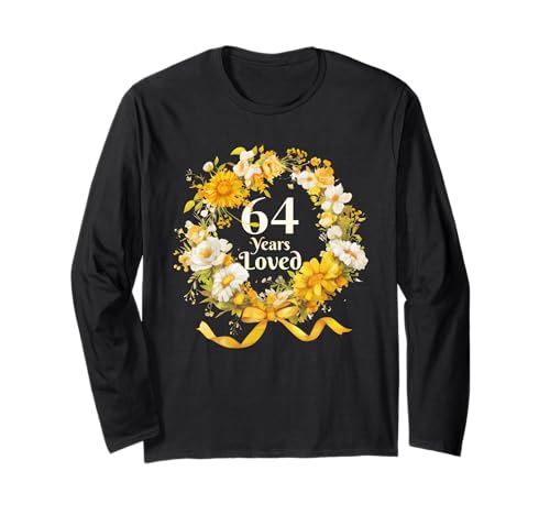 Nastro Floreale con Girasole e Scritta 64 Years Loved, da Donna, per 64° Compleanno Maglia a Manica