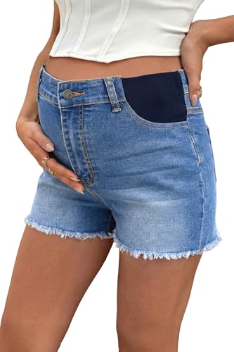 BLENCOT Maternity Jeans Shorts for Women Mid Waisted Frayed Hem Stretchy Denim Shorts Comfy Pregnancy Summer Clothes Fashion 2026 Beau Blue Small