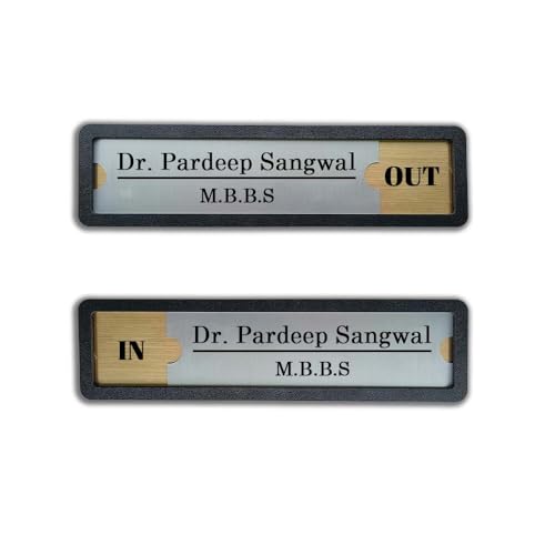 Image of Sliding Door Sign Board with In /Out Status | Personalised Name Plate Display | MDF Base with Gold /Silver ABS Acrylic | Office, Cabin, Toilet, Room Sign (11.5 x 3 Inch)