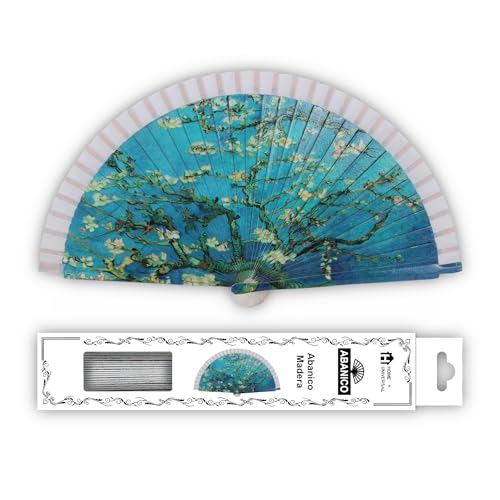 H.U.S.L® Abanico 23CM DE Madera Lisa con Tela DE Marfil, Abanico DE Madera Adornado, Abanico Original (Almendro en Flor (Van Gogh))