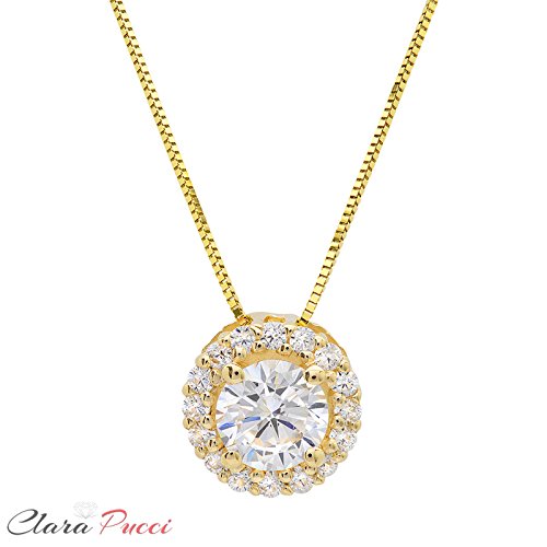 1.35 Ct Brilliant Round Cut Pave Halo Stunning Genuine Moissanite Ideal Vvs1 D Solitaire Pendant Necklace With 16" Gold Chain Box Solid 14K Yellow Gold, Clara Pucci #TOP6