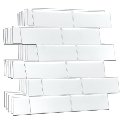 WALPLUS 3D Tile Stickers Peel and Stick Backsplash Splashback Decals Tile Transfer for Kitchen Bathroom Living Room Stick on Tile Waterproof Pure White Mosaic 20pcs 15.4x30.5cm