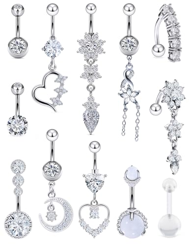 Vsnnsns 14G Dangle Belly Button Ring Piercing Jewelry 316L Stainless Surgical Steel Heart Flower CZ Reverse Navel Rings Dangling Belly Button Ring Piercing Jewelry for Women 14 Gauge Hypoallergenic