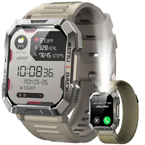 IOWODO Smartwatch Uomo con Chiamate, 2.01“ Militari Smart Watch con Torcia/900mAh Batteria/Bussola/2 Cinturini/SpO2/100 Sportive/Cardiofrequenzimetro/Sonno,Orologio Fitness Tracker per iOS/Andriod