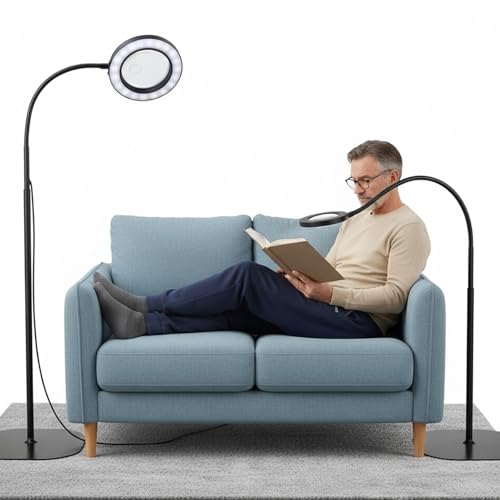 Caossuixin 10X/20X Magnifying Glass with Light and Stand,2-in-1 Flexible Floor Magnifier with Light,Magnifying Lamp with 72 LED Lights,3 Color Modes and 10 Levels Brightness for Reading Crafts Sewing