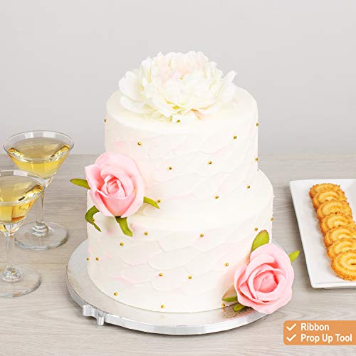 Sturdy Silver Cake Drum 10 Inch 1/2\" Thick (14 Pack) + Satin Silver Ribbon + Prop Up Tool | No Seam Greaseproof Foil Board | Bundle for Making The Perfect Presentation!