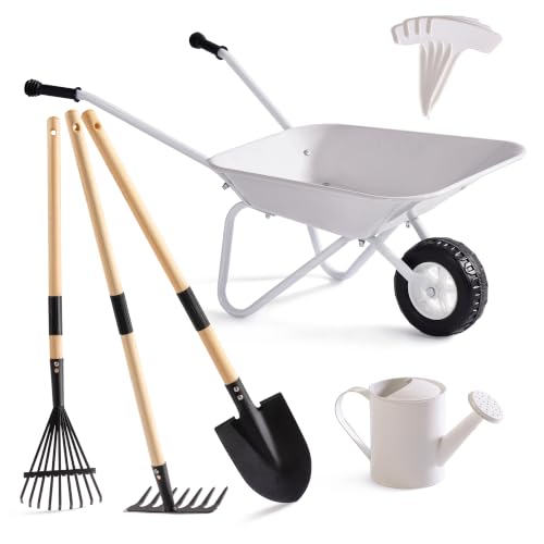 ROBUD Kids Gardening Tools Outdoor Toys Set Backyard Play with Kids Wheelbarrow-9pcs Metal Toddler Wheelbarrow, Garden Tools, Watering Can, Plant Labels for Ages 3+ (Grayish White)
