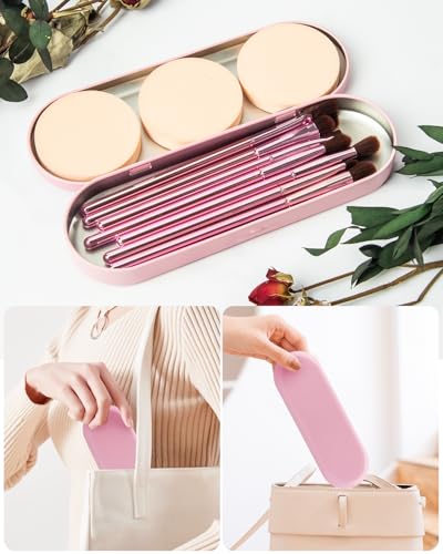 COYKROU 8Pcs Makeup Brushes Set Premium Eyeshadow Brush Professional Angled Eyebrow Brush Lip Brush Eyeshadow Brush Set With 3Pcs Powder Puffs and Pink Case 12 in 1 - Thumbnail 7