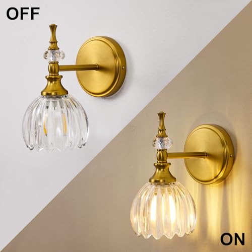 Image of ANDY STAR 1-Light Brushed Gold Bathroom Vanity Light, Transitional Sconce | Ribbed Glass & Crystal Accent, Damp-Resistant, Heat-Resistant E12 Base, Reversible Up /Down Mounting