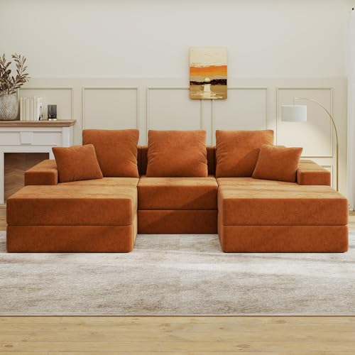Image of Living&Giving 101 inch U-Shaped Cloud Sectional Couch for Living Room, Cloud Boneless Couch-No Assembly with Reversible Chaise, Customizable 3-Seat Modular Sectional Sofa with 2 Ottoman, Orange