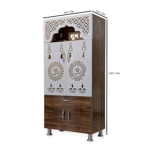 Image of SHLOK Temple for Home /Pooja Mandir with LED Light /Cyprus Medium & White Color Engineered Wood Home Temple (Height: 130, Pre-Assembled)