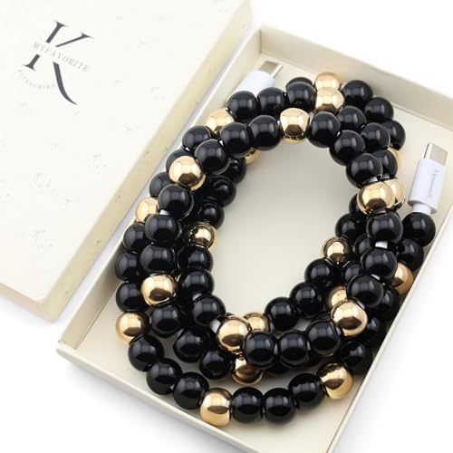Image of Stylish Beaded Phone Charger Cable Colors USB Charging Cord for Smartphones (4-1, Black & Gold, 6.6ft)