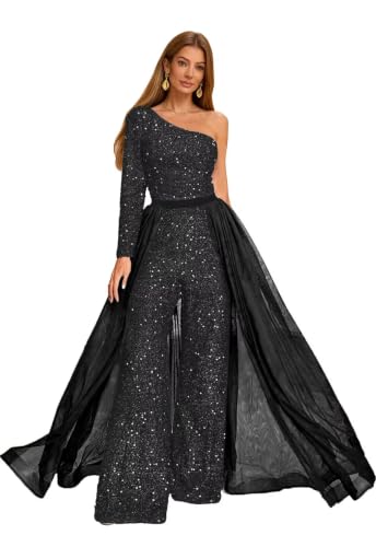 Sequin Jumpsuits Mother of The Bride Dresses for Women One Shoulder Formal Pantsuit Mother of The Groom Gown Black