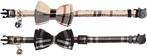 Cute Bowtie Cat Collar Breakaway with Bell 2 Pack Plaid Collar Set for Kitty Puppy Adjustable 7.8-10.2"