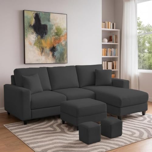 Image of Casaliving Rolando 4 Seater L Shape Sofa Set for Living Room Left Side (Black, 4 Seater with Ottoman - RHS) Sofa Set