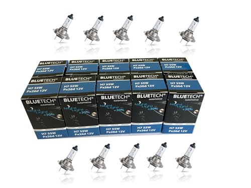 BLUETECH 10 sztuk żarówek halogenowych H7 + 30% więcej światła, 12 V, 55 W, PX26D, żarówki zapasowe, światła mijania, światła drogowe, światła przeciwmgielne