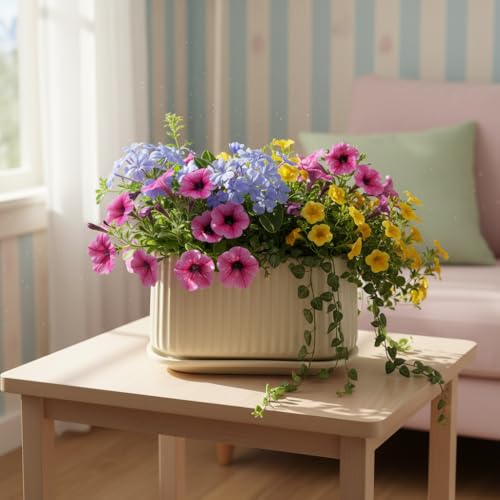 Image of Xtore Refined Ribbed Round Planter Pot with Drain Tray for Indoor & Outdoor Plants | Minimalist Decorative Flower Pot (Pack of 1, Beige)