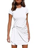 BTFBM Women Crew Neck Short Sleeve Ruched Bodycon T Shirt Dress Casual Tie Waist Plain Sun Beach Sum