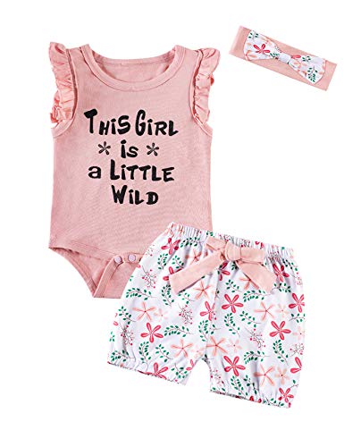Baby Girls This Girl is A Little Wild Outfit Set Floral Vest Pants with Headband (Pink, 0-3 Months)