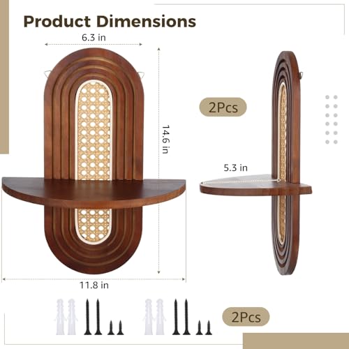 2 Pcs Floating Wall Shelves, Wall Mounted Bohemian Rattan Shelf Supports 20 Lbs, Decorative Wood Mid Century Style for Bedroom, Living Room, Laundry Room, Solid Wood Frame, Arched Panel - Image 2