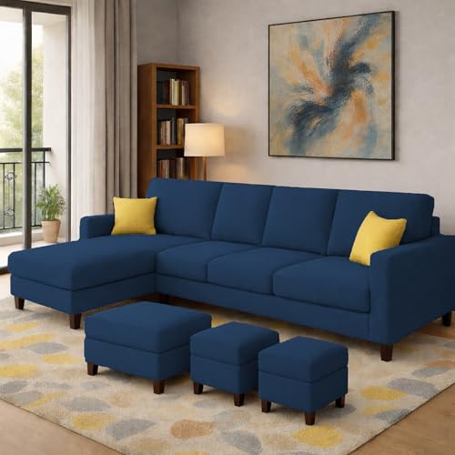 Image of Casaliving Rolando Seater L Shape Sofa Set for Living Room Left Side (Blue, 6 Seater with Ottomon - LHS)