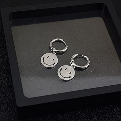 Round Smiley Coin Dangle Drop Small Hoop Earrings for Women Girls Men Stainless Steel Cute Charms Circle Happy Face Disc Vintage Huggie Hoops Cartilage Cuff Clip Earring Hypoallergenic Jewelry