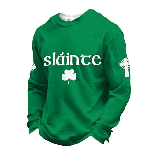 St Patricks Day Sweater Men,St Patricks Day Shirt Men Waffle Long Sleeve Shamrock Irish Saint Pattys Tops Plus Size Crewneck Casual Sweatshirts(3X-Large,Greens)