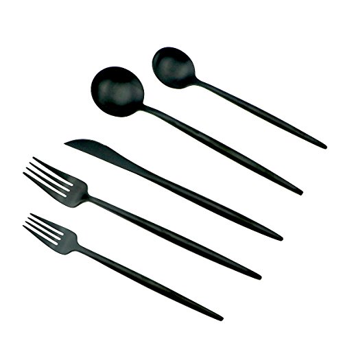 Jashii 18/10 Stainless Steel 20-Piece Matte Black Flatware Set ,Dinner Knife Fork Salad Fork Dessert Spoon , Service For 4 , Luxury Silverware Cutlery Utensil Sets #TOP2