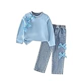 HSOXLQF Kids Toddler Girl Long Sleeve Dropped Shoulder Bow Sweatshirt & Denim Straight Leg Jeans Pants Fall Winter Outfits Set(6-7T)