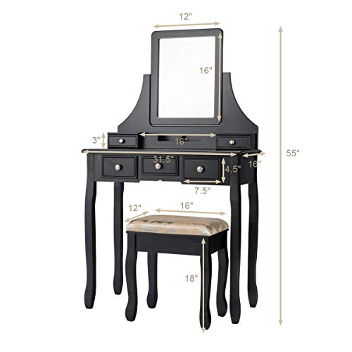 CHARMAID Makeup Vanity Set with Mirror and Cushioned Stool, Dressing Table with 5 Drawers and Removable Storage Organizers, Bedroom Makeup Table with Stool for Women Girls (Black) - Thumbnail 7