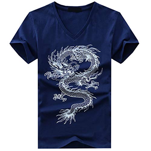BUZZxSELECTION(バズ セレクション) Tシャツ 半袖 Vネック カットソー ドラゴン 龍 竜 和柄 刺青 メンズ BSTS031 (03 ネイビー,S)