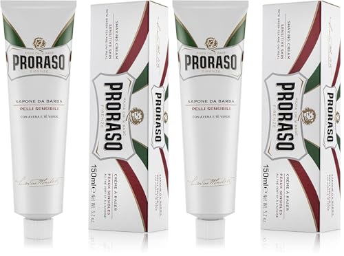 Proraso Crème à raser en tube, 150 ml, Crème de rasage pour peaux sensibles, Formule aux extraits d'avoine et de thé vert, Fabriqué en Italie (Lot de 2)