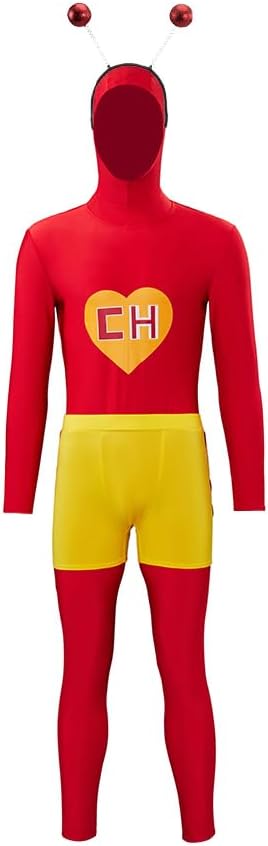 MelangCos Mens El Chapulin Colorado Cosplay Costume Superhero Red Jumpsuit Halloween Outfit