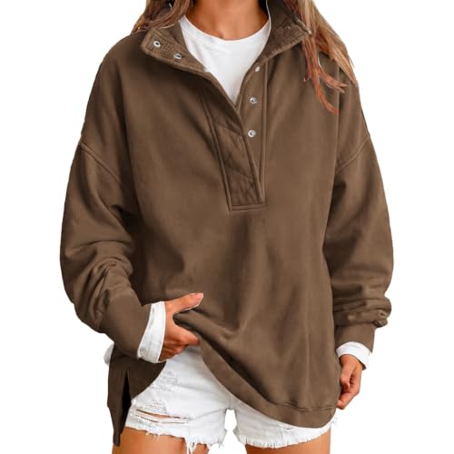 Image of HOOUDO Oversized Sweatshirts for Women UK Mock Neck Pullover Tops Coffee
