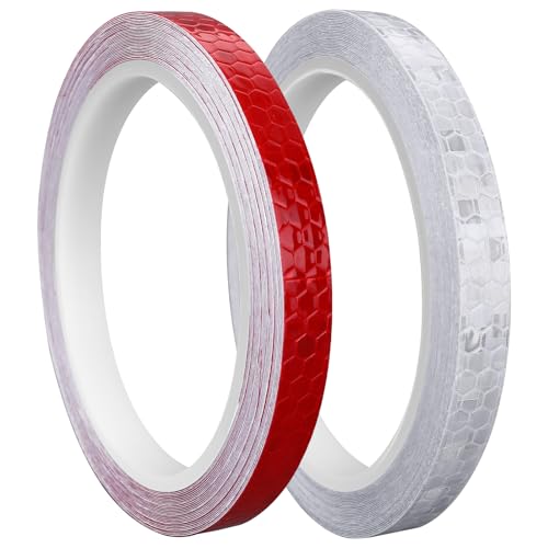Prasacco 2 Rollen Reflektorband Selbstklebend, 10mm x 8m Reflektoren Aufkleber Selbstklebende Wasserdicht Reflektierendes Klebeband Reflektor Warnband für Straße Fahrräder Helme Motorrad (Rot, Weiß)