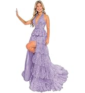 Halter V Neck Tulle Tiered Prom Dress Sparkly Lace Applique Sequin Ball Gowns for Women Formal wi...